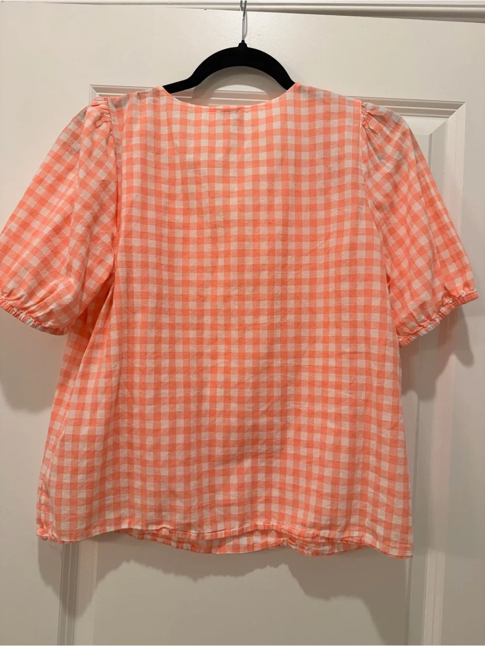 J. Crew Coral and White Gingham V-Neck Smocked Shoulder Top